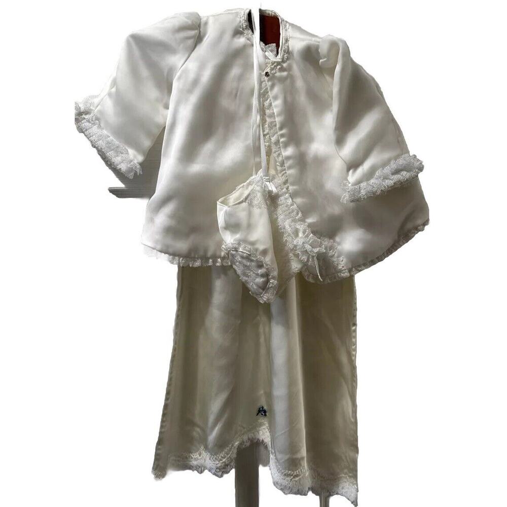VTG Satin Baby Christening 3 Pc Set Gown, Jacket & Bonnet Lace Trim Blue Flower
